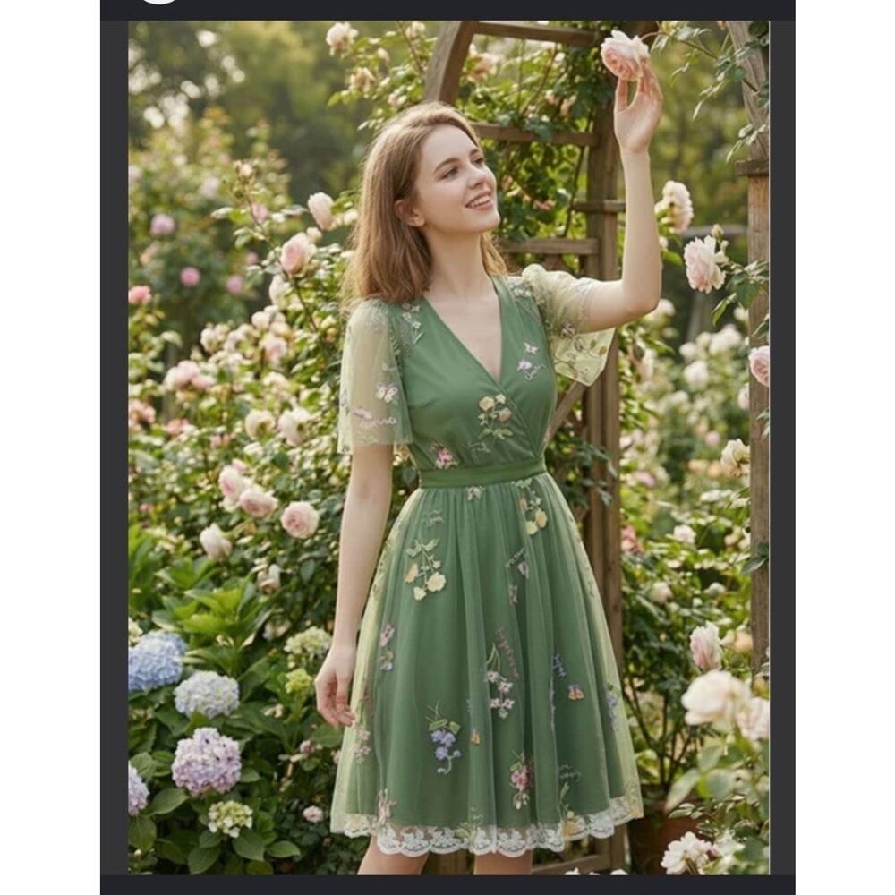 Green Tulle Embroider Floral Lined Fairy Garden Wedding/Prom Dress Plus NWT XXL - Picture 2 of 15